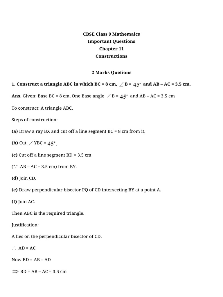 CBSE Class 9 Math: Triangle Constructions | PDF | Perpendicular | Triangle