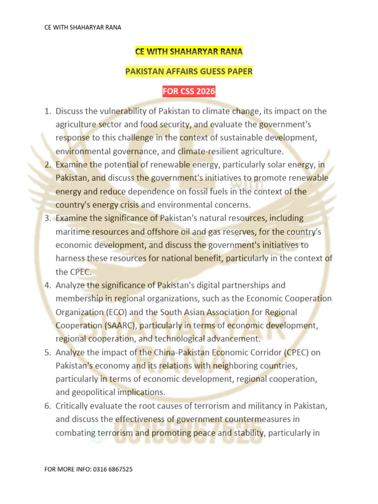 Pakistan Affairs CSS 2026 Guess Paper | PDF | Pakistan | Fossil Fuels