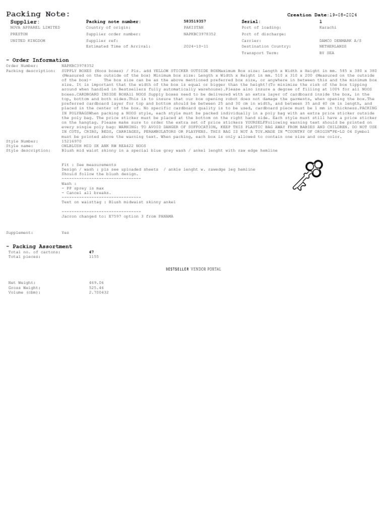 Packing Note for NOVA Apparel Shipment | PDF