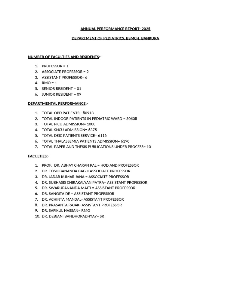 2025 Pediatrics Department Performance Report | PDF