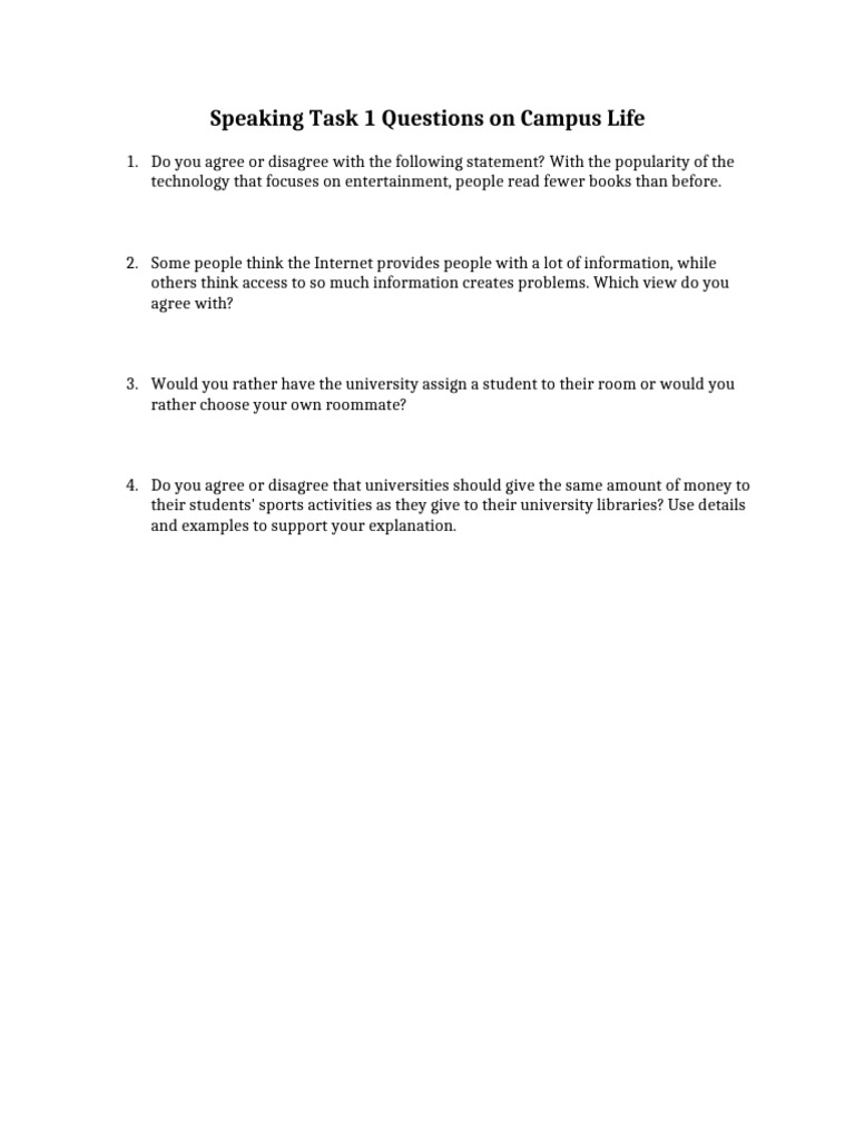 Speaking Task 1 Questions On Campus Life | PDF