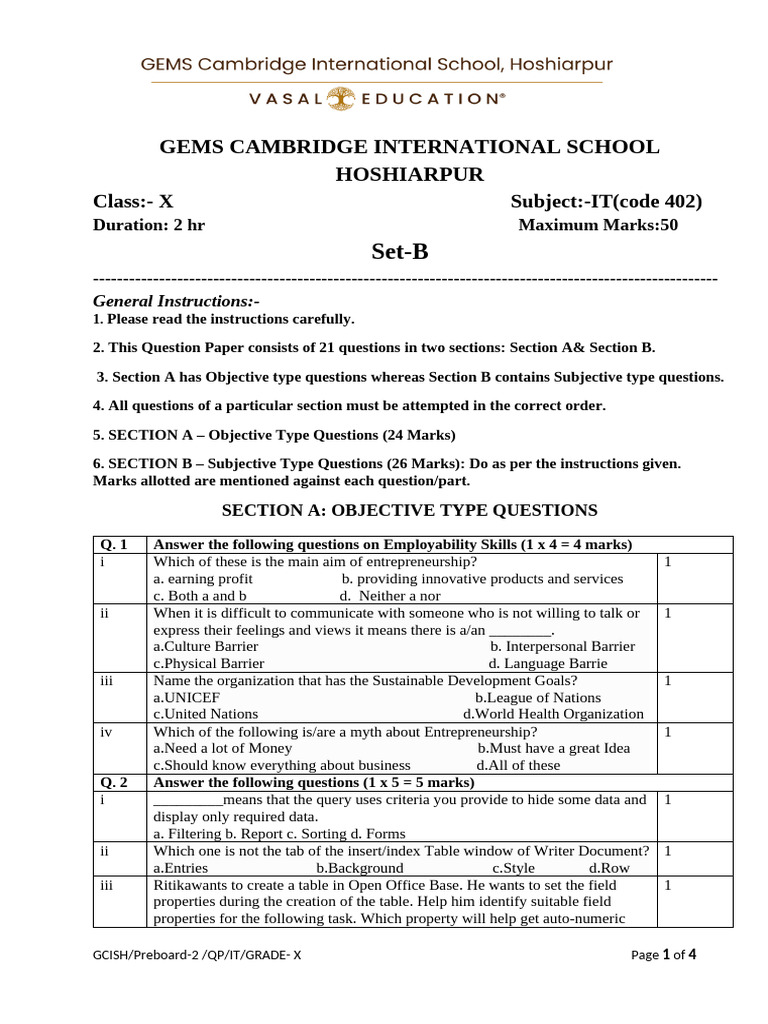 Grade X Set B Sample Pre | PDF | Databases | Information Retrieval