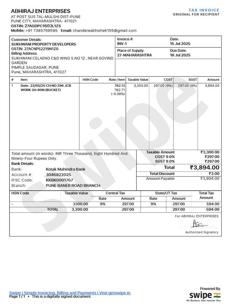 Invoice INV 5 SUKHWANIPROPERTYDEVELOPERS | PDF | Public Finance | Payments