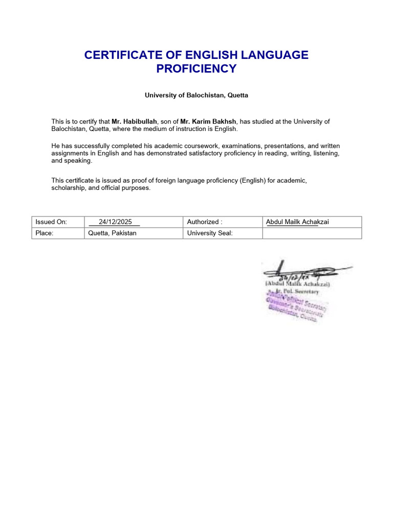 English Language Proficiency Certificate | PDF