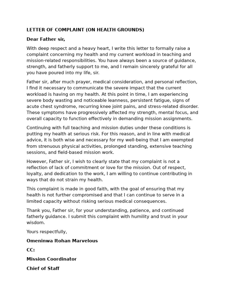 Health-Related Workload Complaint Letter | PDF