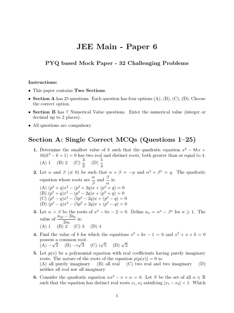 JEE Main Paper 6 Mock Test: 32 Problems | PDF | Square Root | Numbers