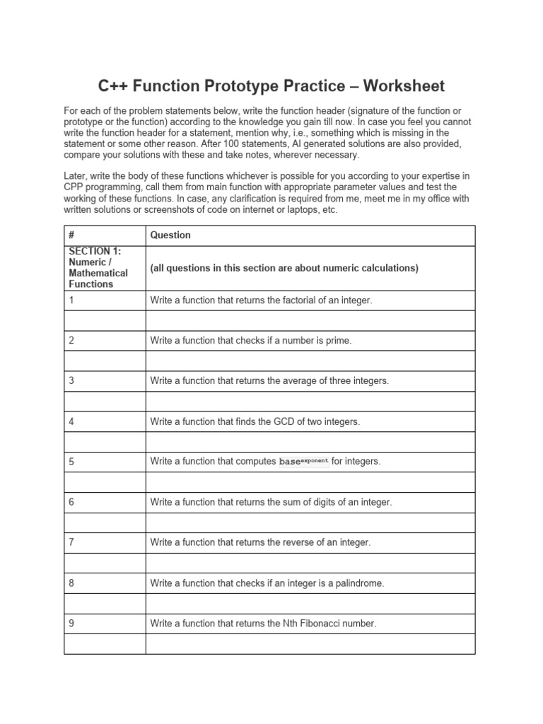 C++ Function Prototypes Worksheet | PDF | Area | Matrix (Mathematics)