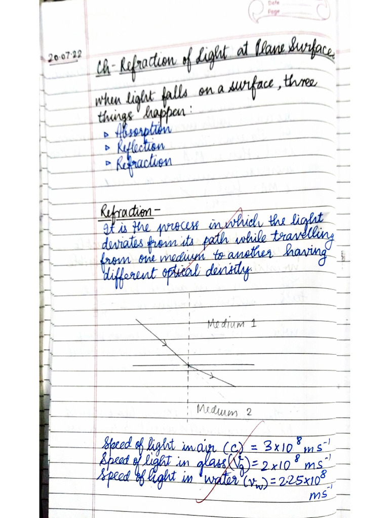 Refraction Through Plane Surface Tuition Notes | PDF