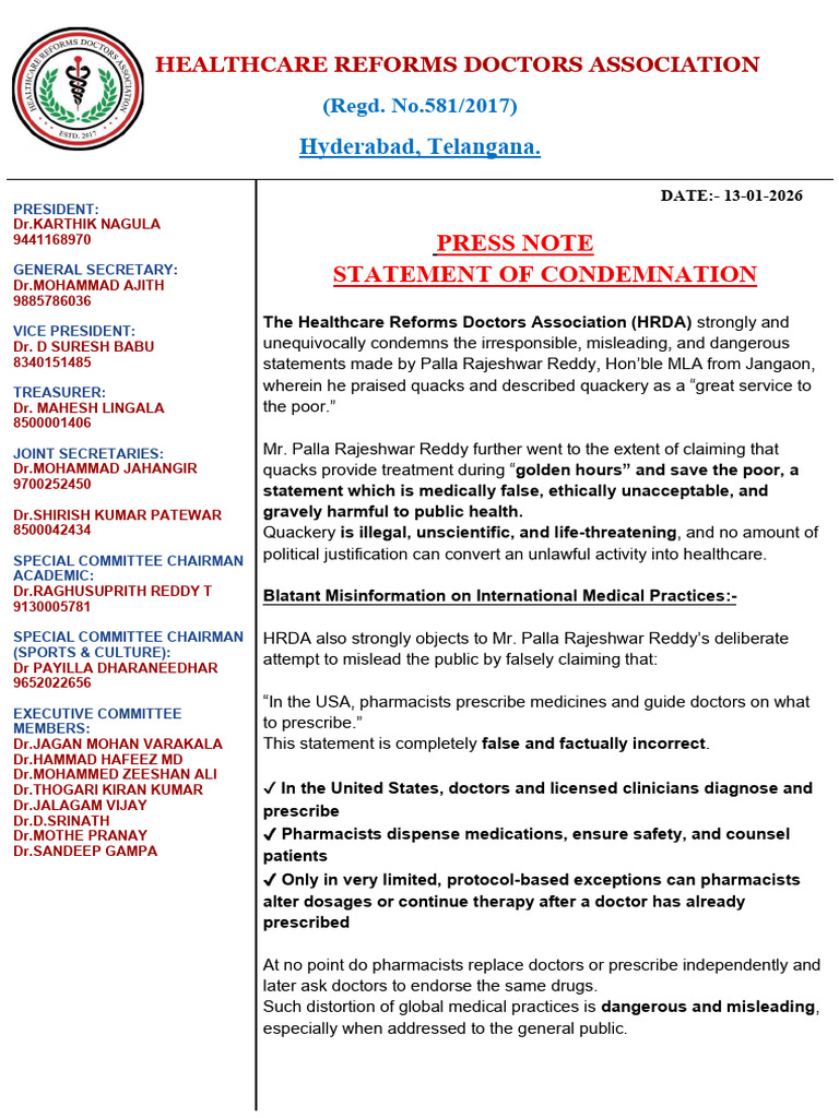 Hrda Condemnation Janagaon Mla | PDF | Health Sciences | Medicine