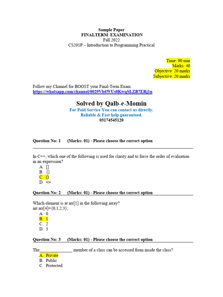 Sample Paper - CS201P Solved by Qalb-e-Momin | PDF | Pointer (Computer ...