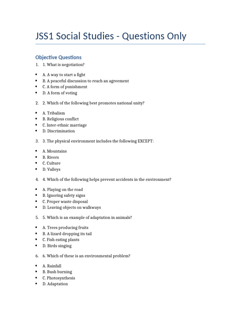 JSS1 Social Studies Quiz Questions | PDF