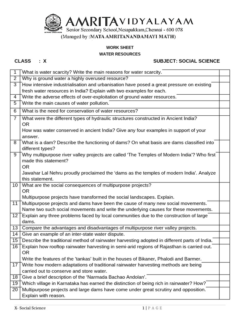 Water Resources Worksheet for Class X | PDF | Water Scarcity | Irrigation