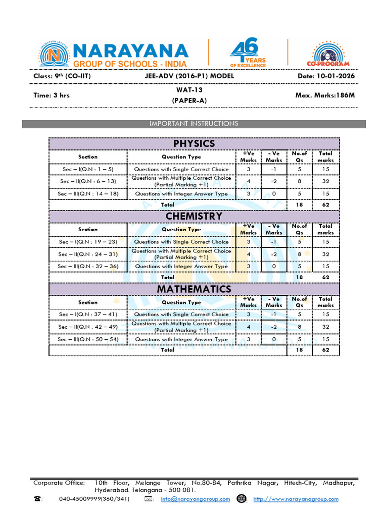 9TH - Co Iit - Jee Adv (2016 P1) - Wat 13 (P A) - QP - 10 01 2026 | PDF ...