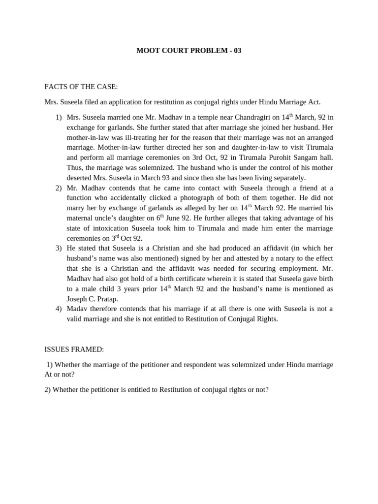 Hindu Marriage Act Moot Court Case Analysis | PDF
