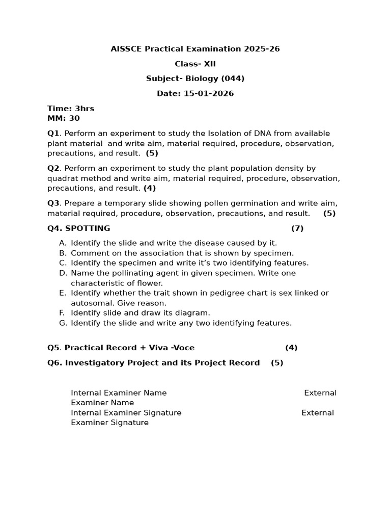 AISSCE Class XII Biology Practical Guide | PDF
