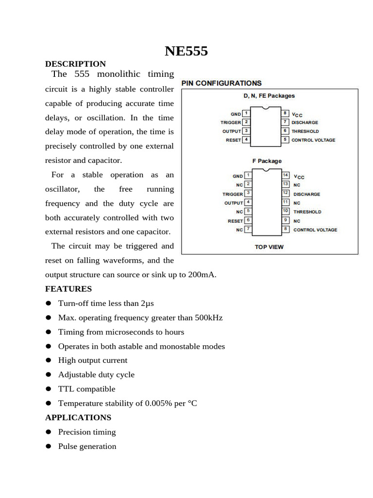 NE555 Timer Circuit Overview | PDF