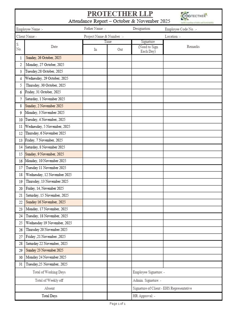 Oct To Nov Attendance Sheet | PDF