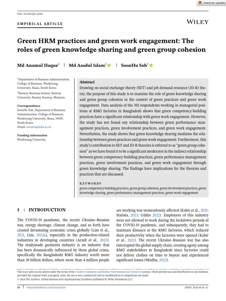 30) Green HRM Practices and Green Work Engagement The Roles of Green ...