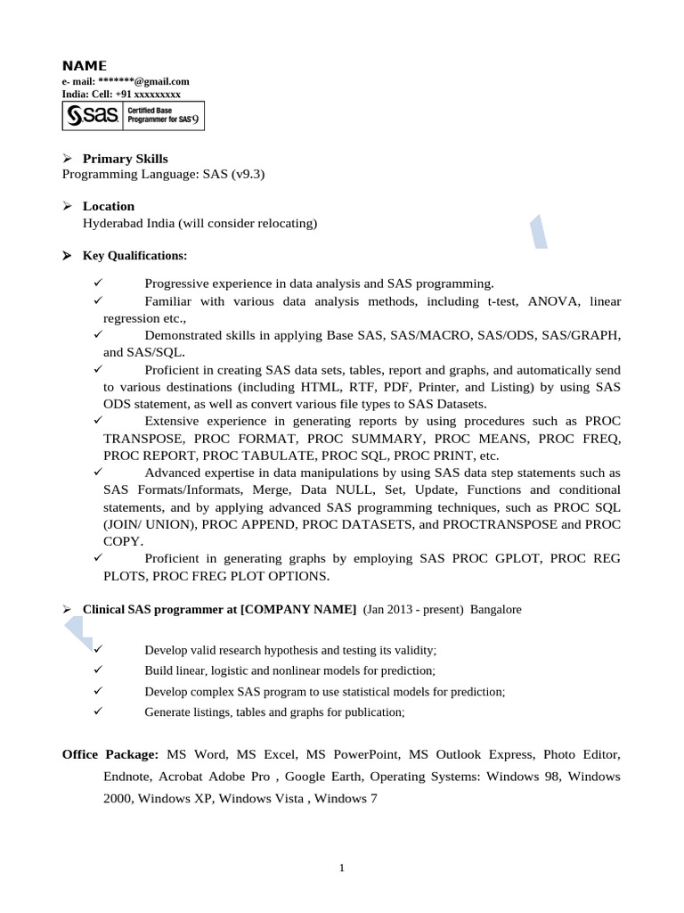 SAS Program Sample Resume 1 | PDF | Sas (Software) | Microsoft Excel