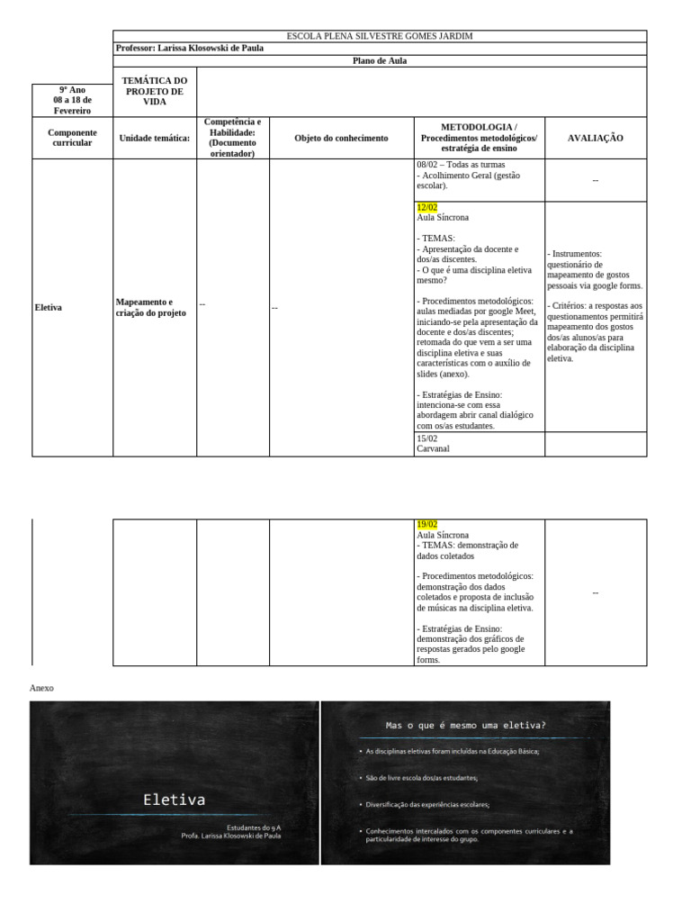 Plano de Aula: Projeto de Vida 9º Ano | PDF | Lição | Aprendizado