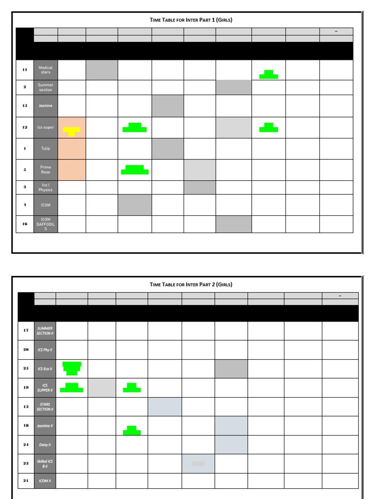 Inter Part 1 & 2 Timetable for Girls | PDF