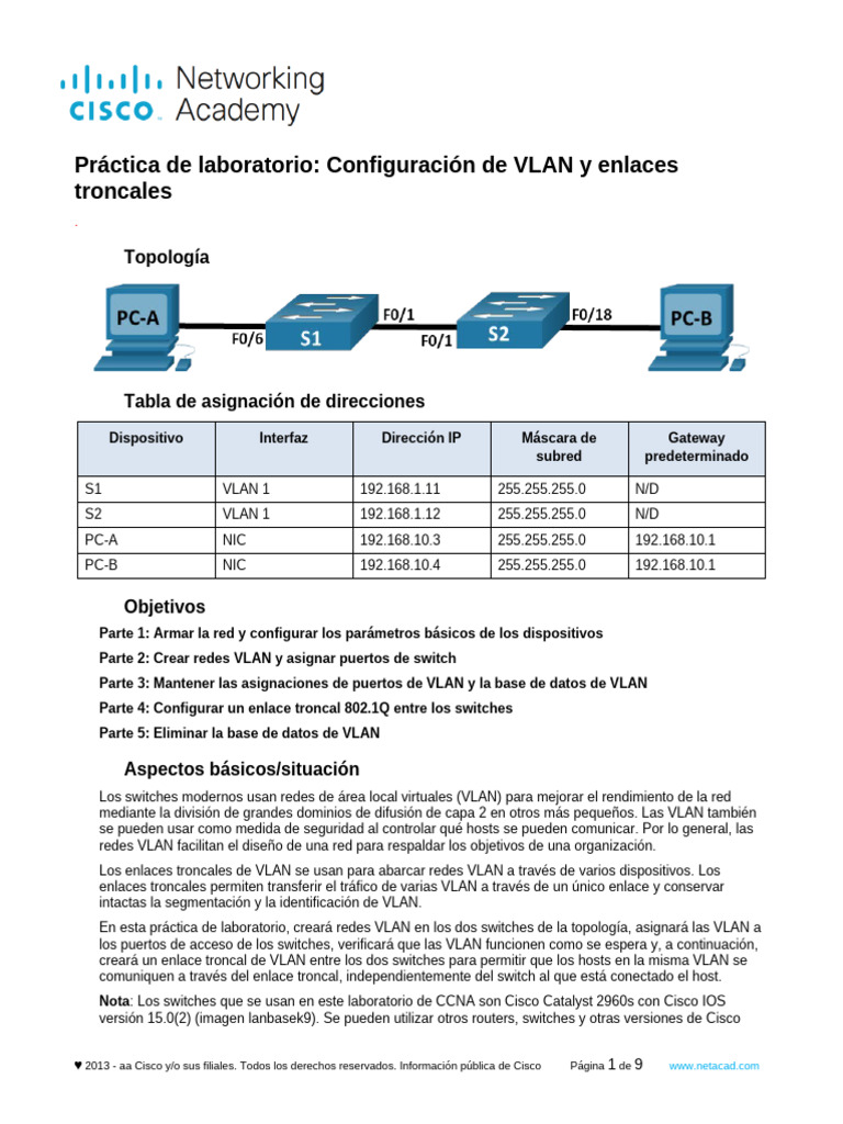 Configuración de VLAN y enlaces troncales CCNA | PDF | Protocolos de ...