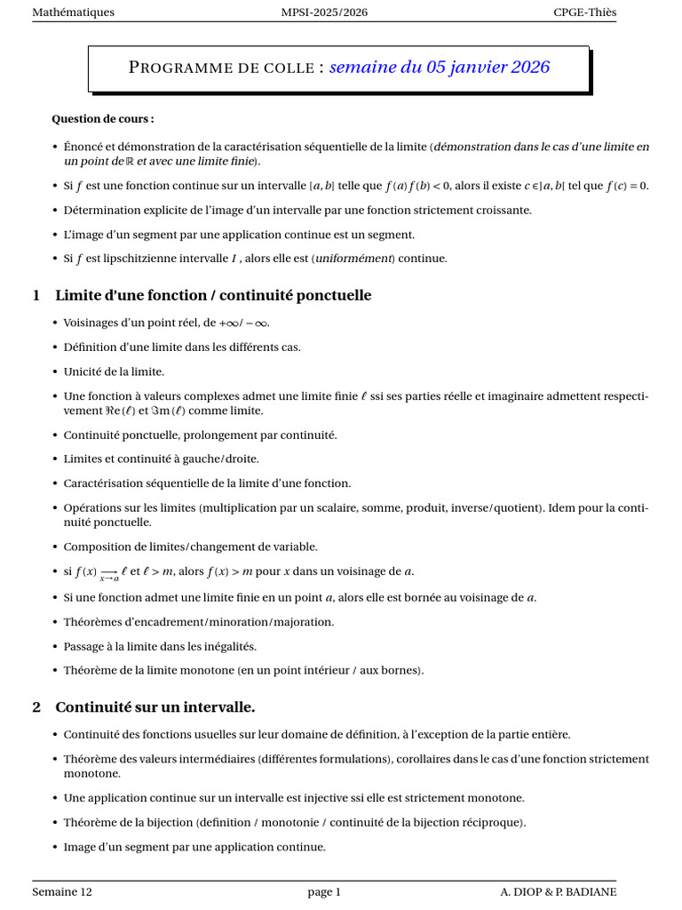 Programme de Colle MPSI 2026 - Limites et Continuité | PDF | Limite ...