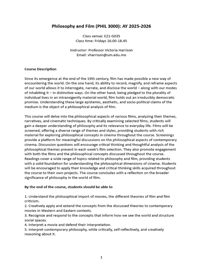 Philosophy in Film Course Overview | PDF | Existentialism | Critical ...
