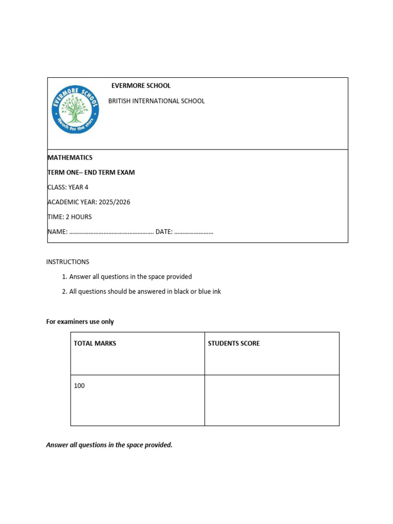 Year 4 Mathematics Exam Paper | PDF