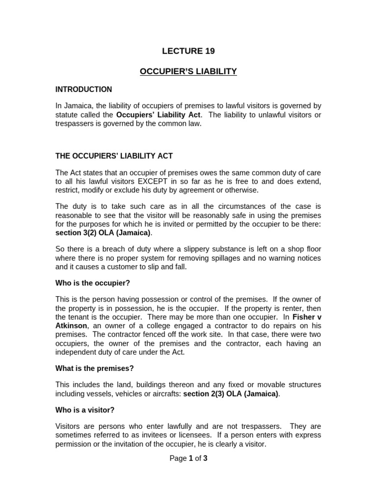 Jamaica Occupier's Liability Overview | PDF | Civil Law (Legal System ...
