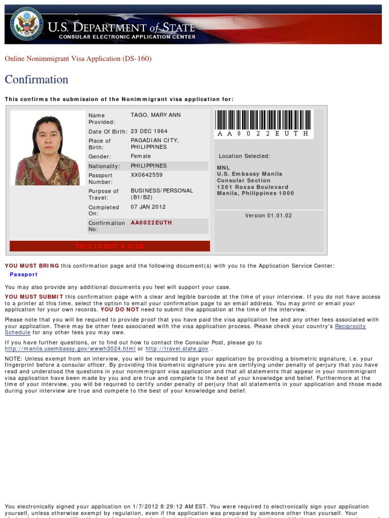 DS-160 Visa Application Confirmation | PDF
