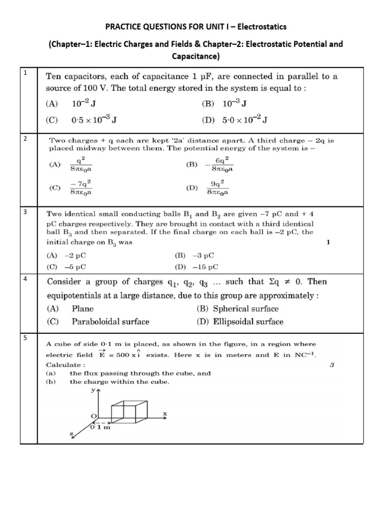 Electrostatics Practice Questions Unit I | PDF