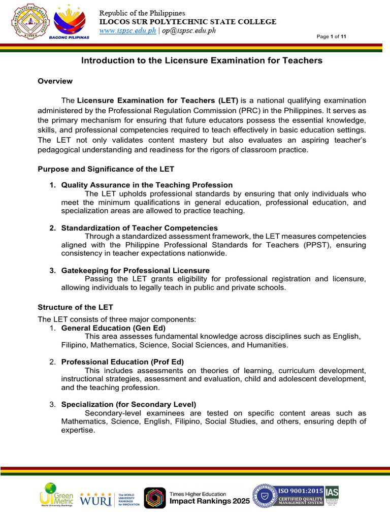 Overview of the Licensure Exam for Teachers | PDF | Educational ...