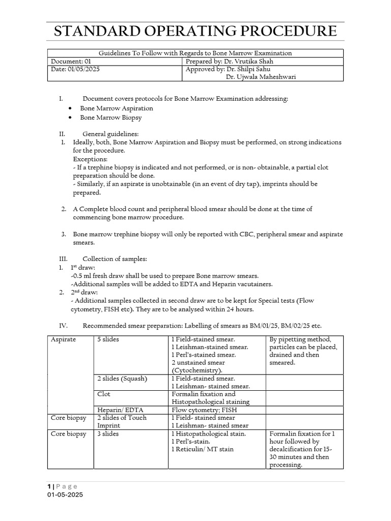 Bone Marrow Examination SOP Guidelines | PDF | Blood | Pathology