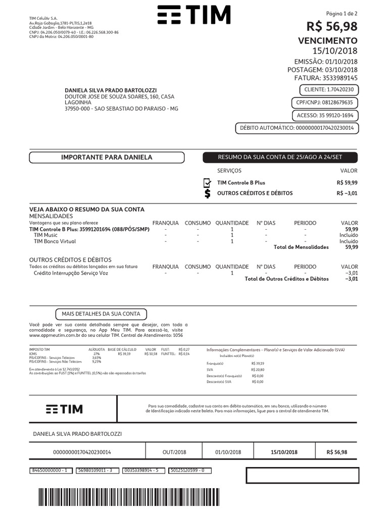 Fatura TIM Controle B Plus - Out/2018 | PDF | Brasil