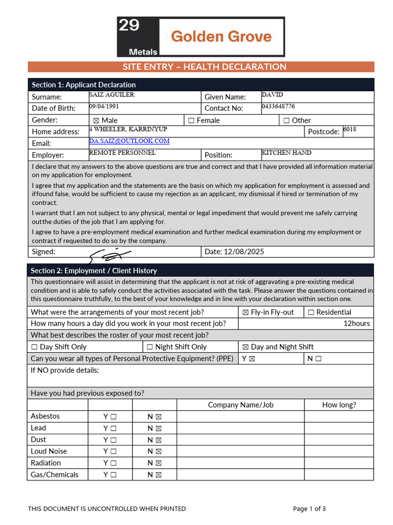 Health Declaration for Site Entry | PDF | Tobacco Smoking | Addiction