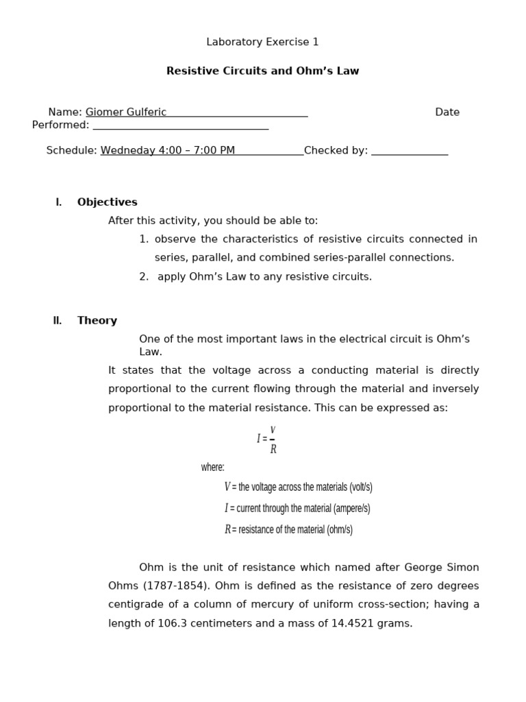 Ohm's Law and Resistive Circuits Lab | PDF | Series And Parallel ...