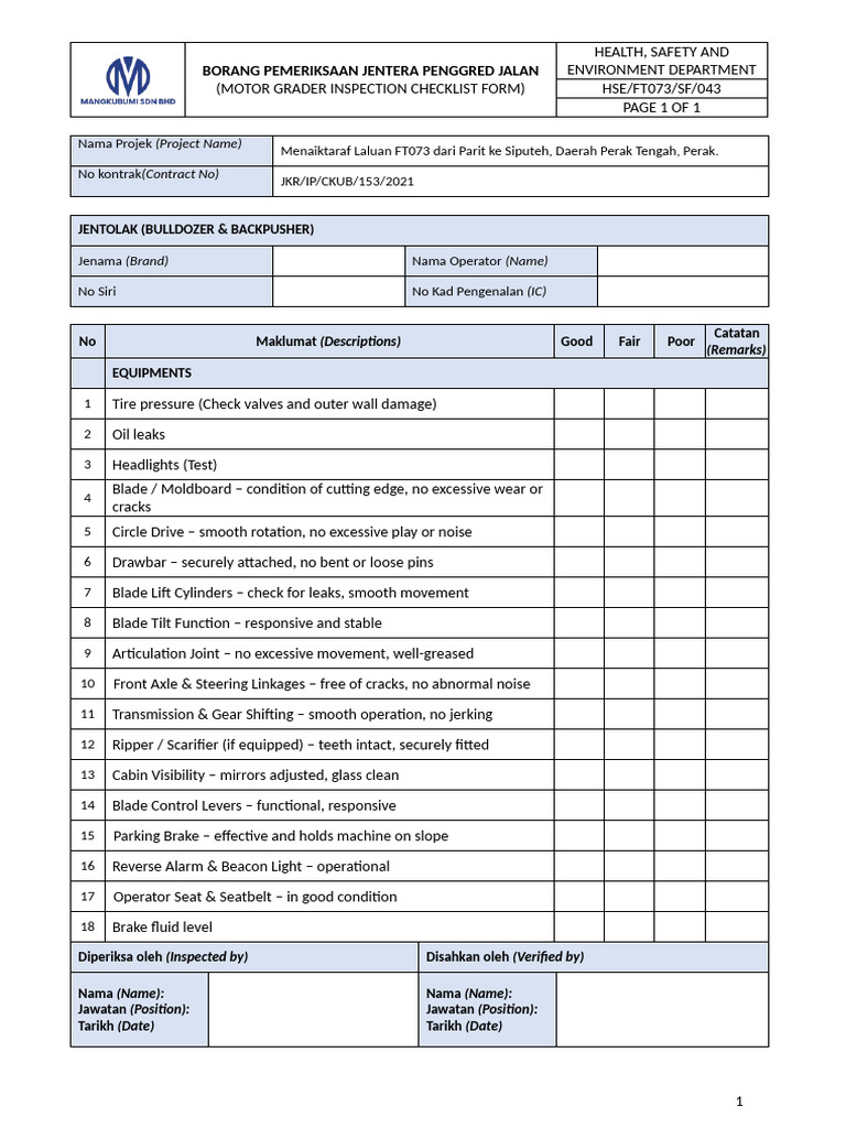 043 Motor Grader Inspection Checklist | PDF | Vehicles | Land Vehicles