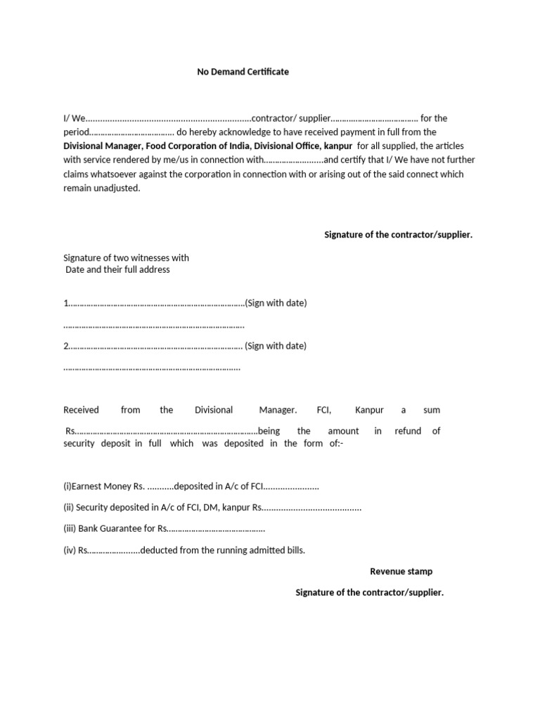 No Demand Certificate for FCI Payments | PDF