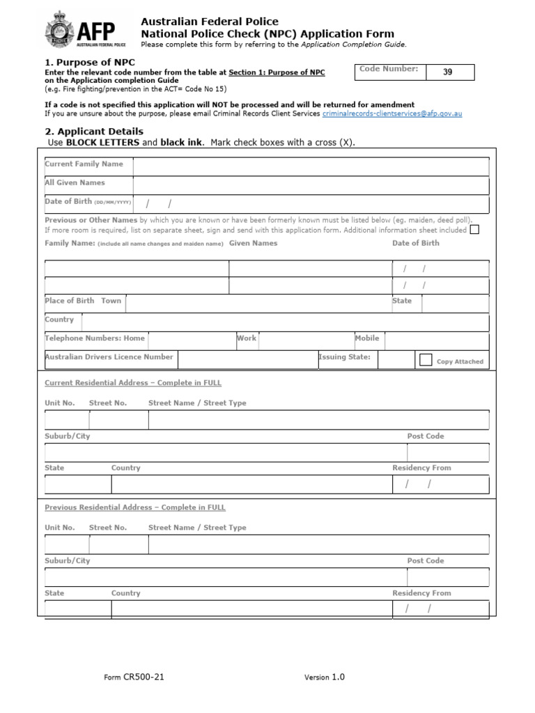Australian National Police Check Form | PDF | Government | Public Law