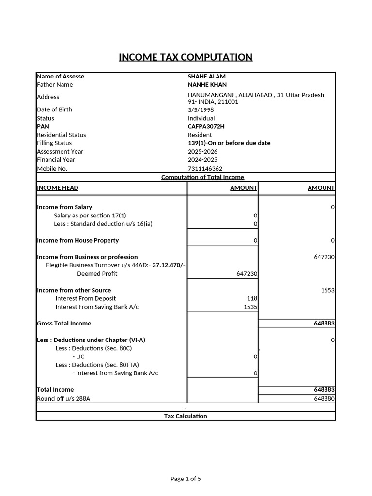 Income Tax Computation for Shahe Alam | PDF | Tax Refund | Taxes