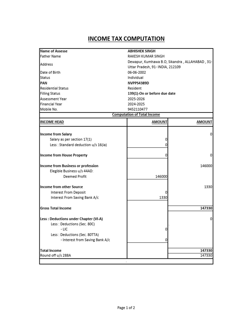 Abhishek Singh Income Tax Summary 2025 | PDF | Tax Refund | Money