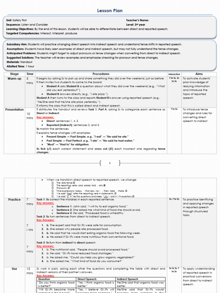 Lesson Plan: Direct vs. Reported Speech | PDF | Semantic Units ...