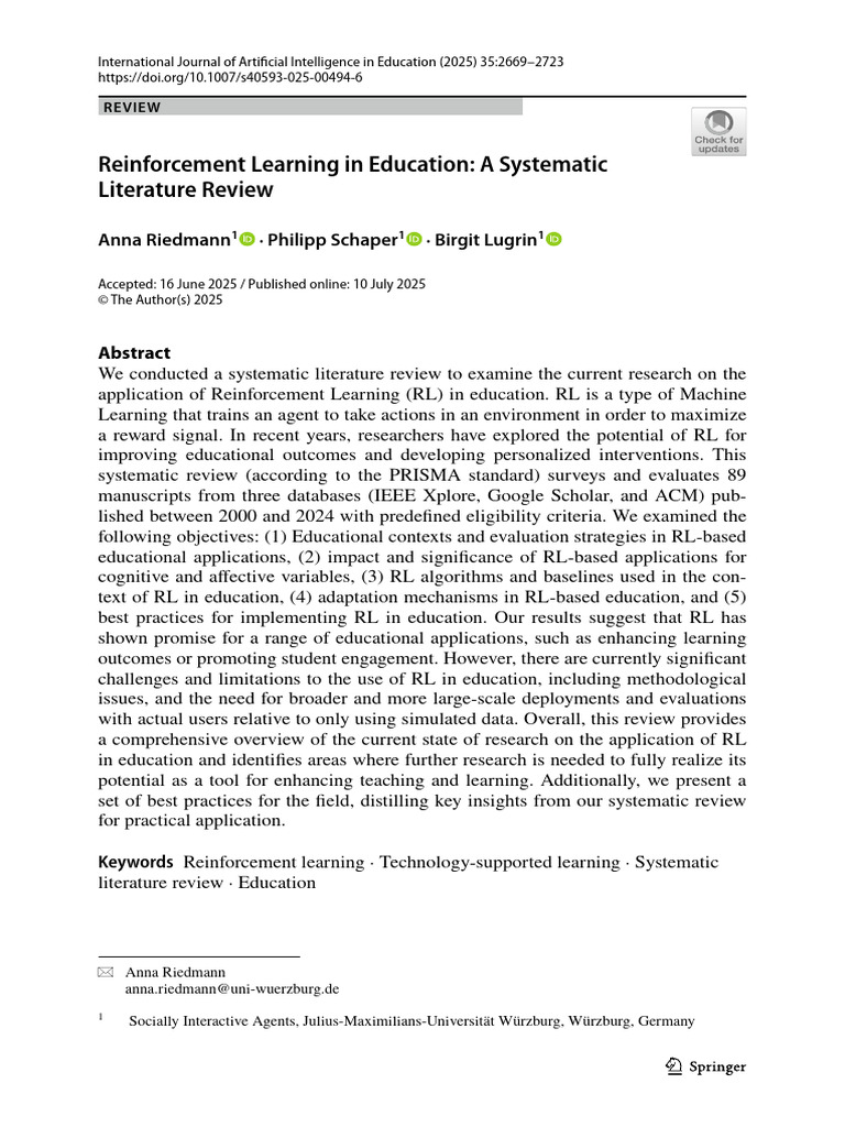 Reinforcement Learning in Education Review | PDF | Learning | Cognition