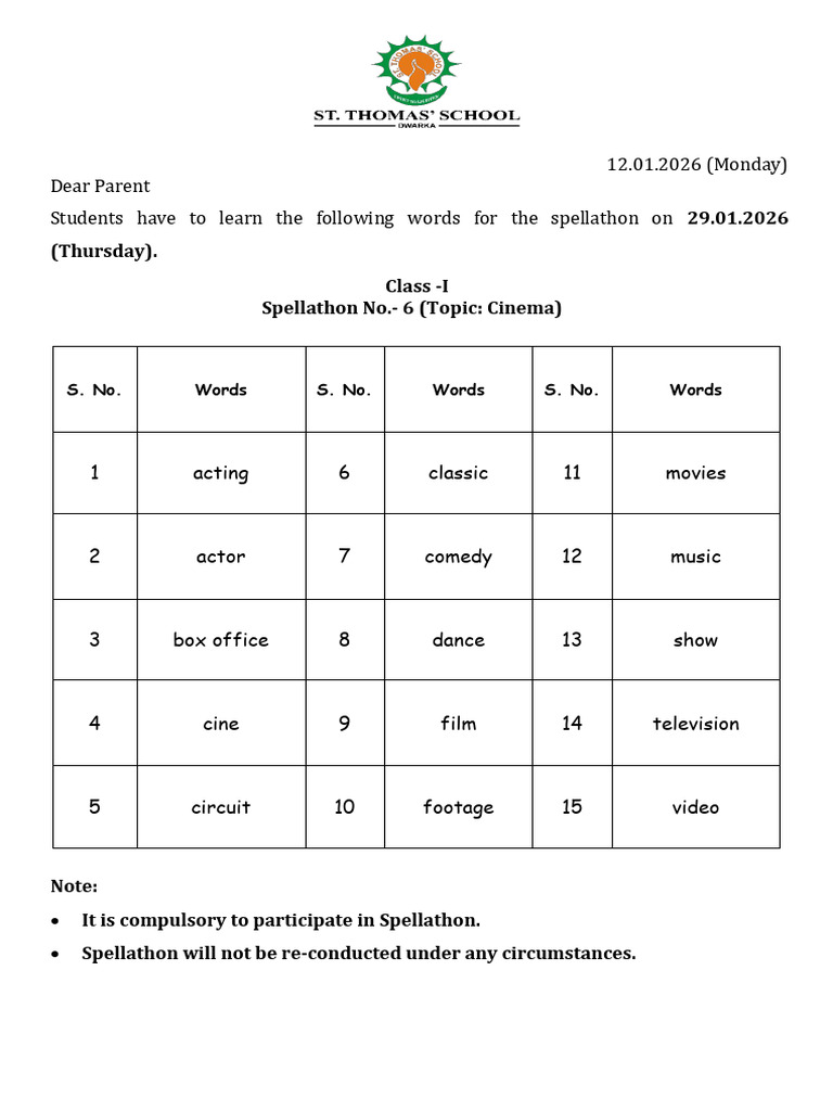 Class I Spellathon Words: Cinema | PDF
