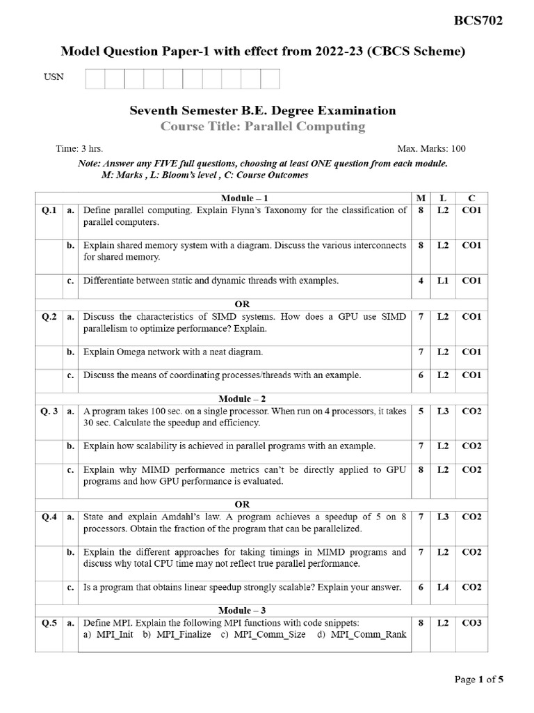 Parallel Computing Model Question Paper B.E | PDF