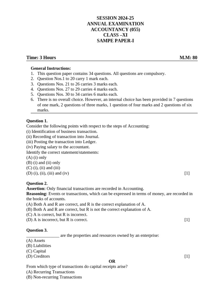 Class XI Accountancy Sample Paper 2024-25 | PDF | Debits And Credits ...