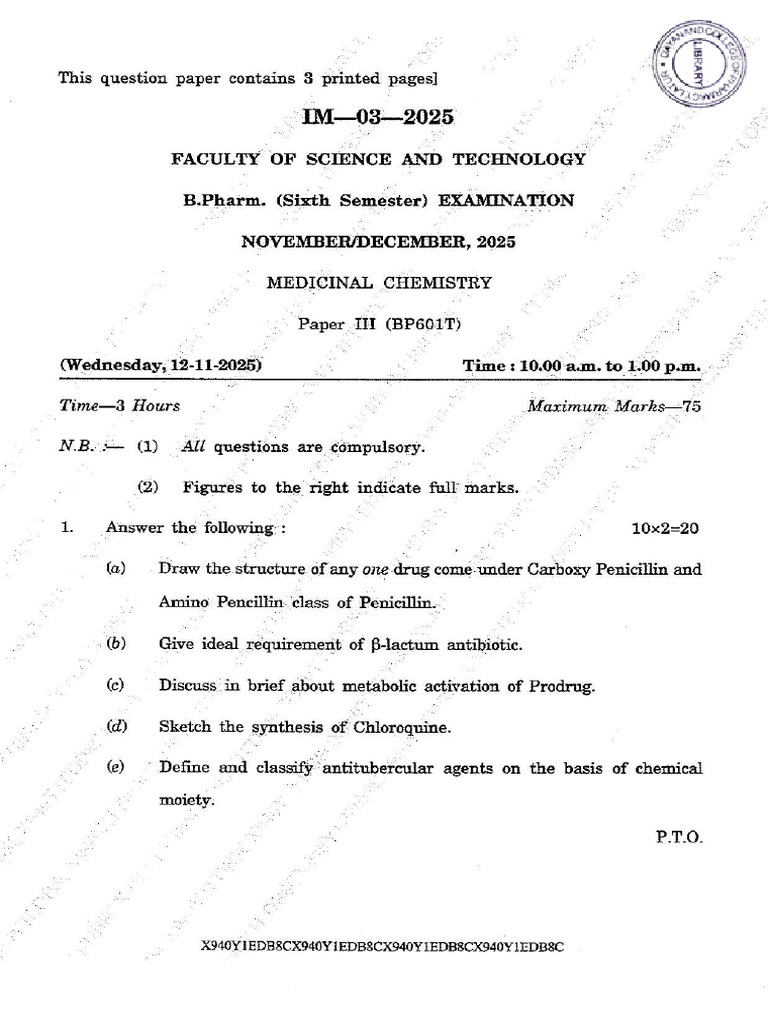 B.pharm - 3 RD Year (6 TH Sem) - Nov-Dec - 2025 - Watermark | PDF