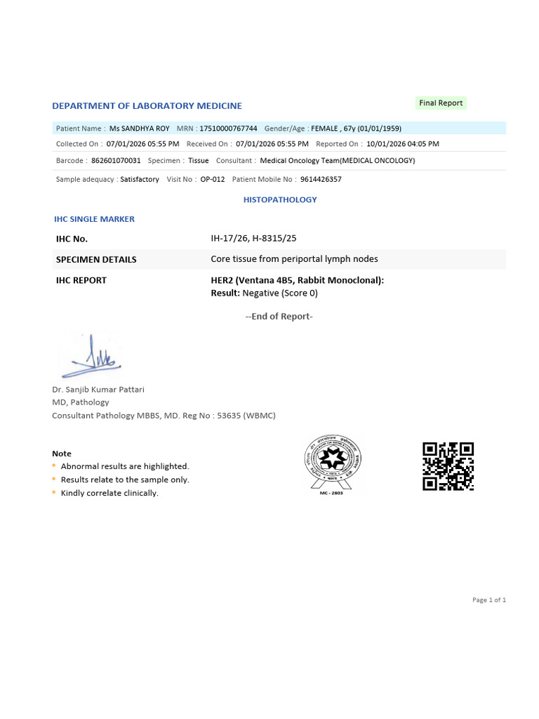 HER2 IHC Report for Ms. Sandhya Roy | PDF