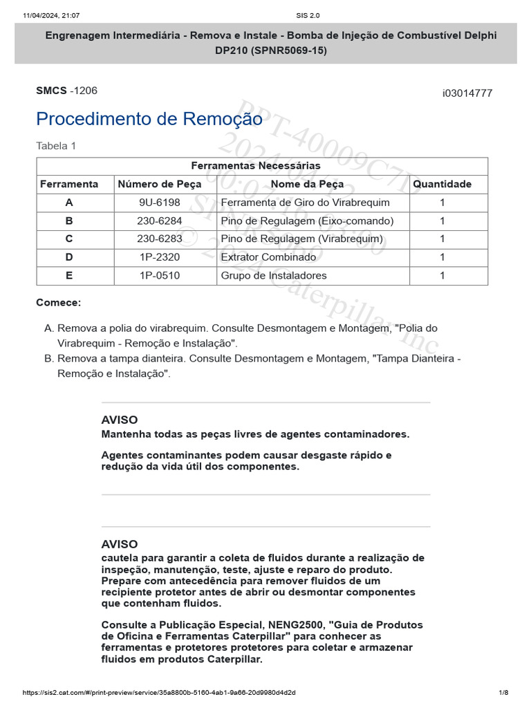 Procedimento de Remoção da Bomba de Injeção | PDF | Bomba | Parafuso